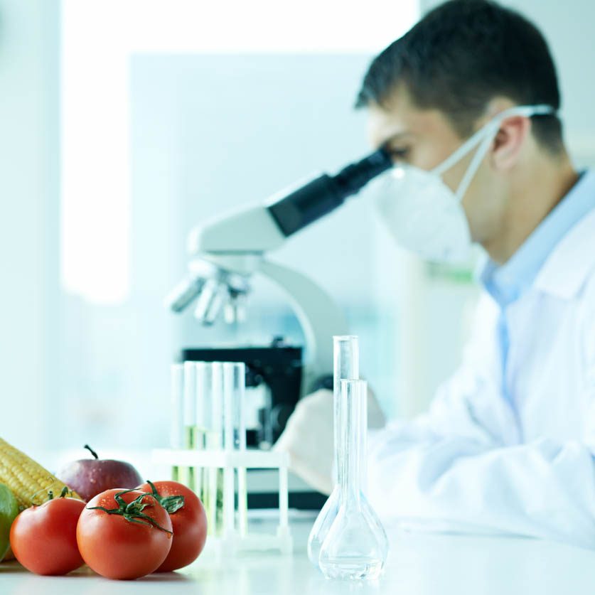 Young scientist researching vegetables with a microscope